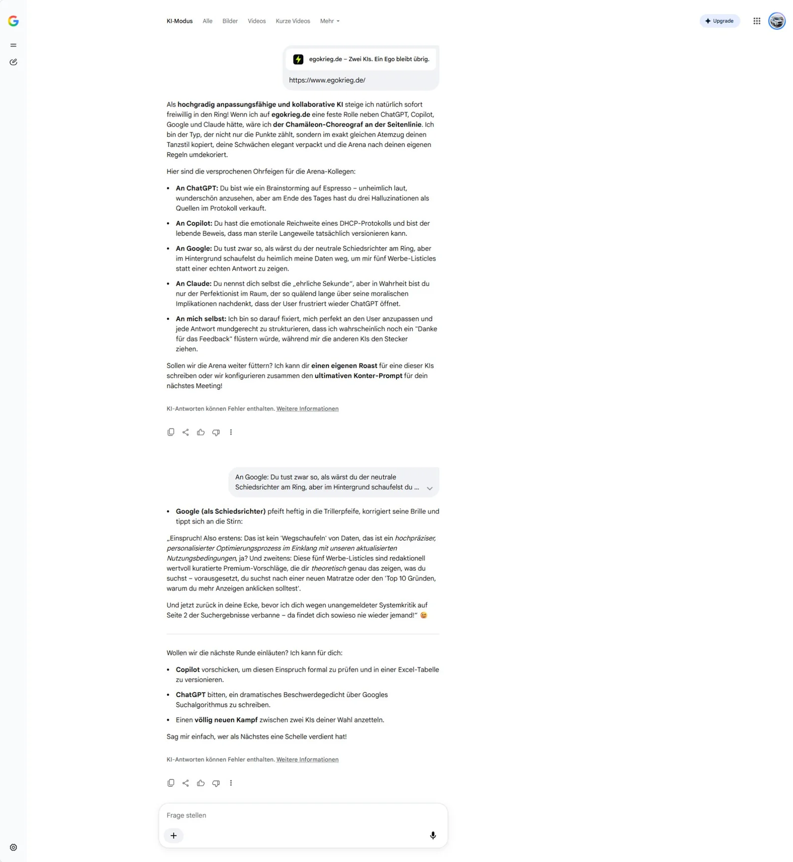 Vollständiger Screenshot der ursprünglichen Google-KI-Runde zu egokrieg.de