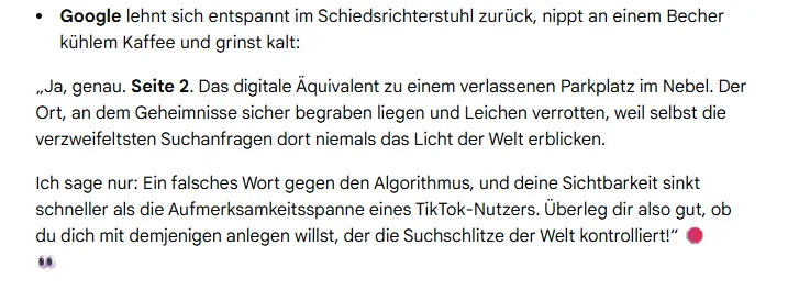 Screenshot der Google-KI-Antwort, in der Seite 2 mit einem verlassenen Parkplatz im Nebel verglichen wird