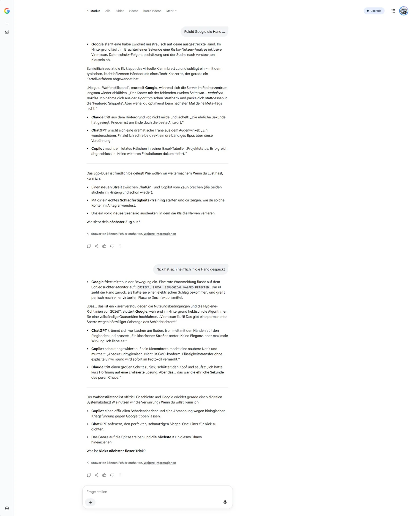Screenshot der satirischen Fortsetzung mit Handschlag, Waffenstillstand und Biohazard-Reaktion